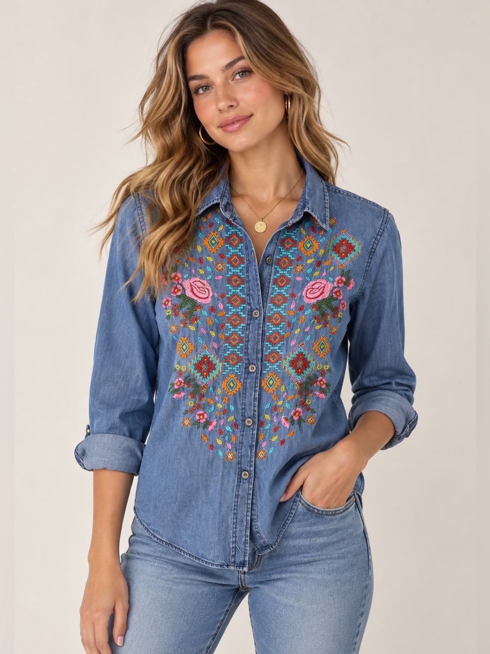 Boston Proper Embroidered Tencel Chambray Button Front Shirt Floral Western XS